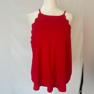Flower & Feather scalloped edge sleeveless top, covered button back closure red